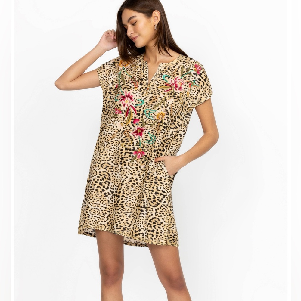 Johnny Was Leopard Print Shift Dress with Pink & Green Floral Embroidery